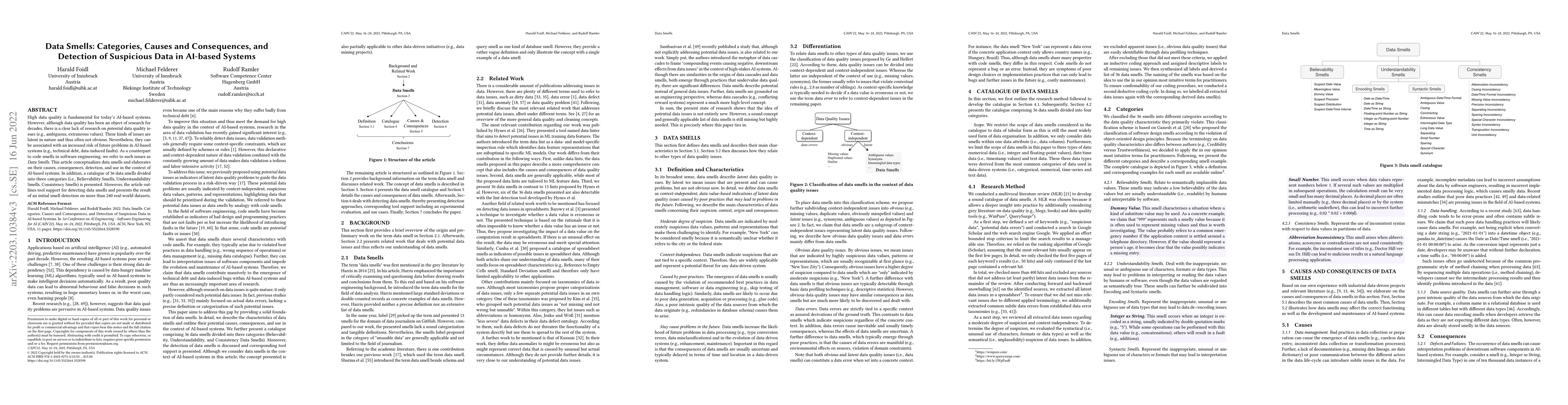 Thumbnail for Data Smells: Categories, Causes and Consequences, and Detection of
  Suspicious Data in AI-based Systems
