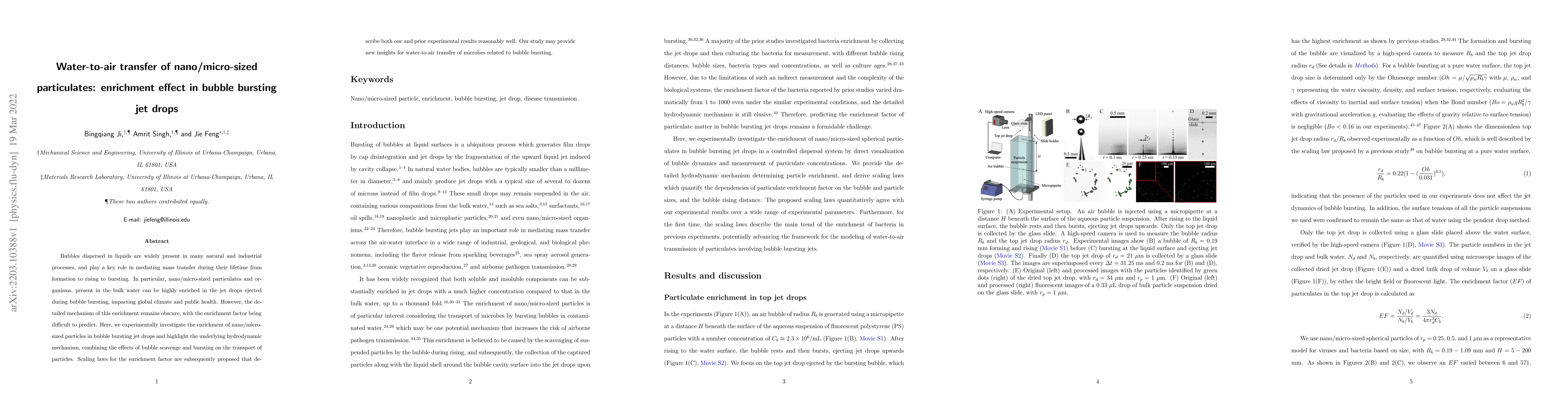 Thumbnail for Water-to-air transfer of nano/micro-sized particulates: enrichment
  effect in bubble bursting jet drops