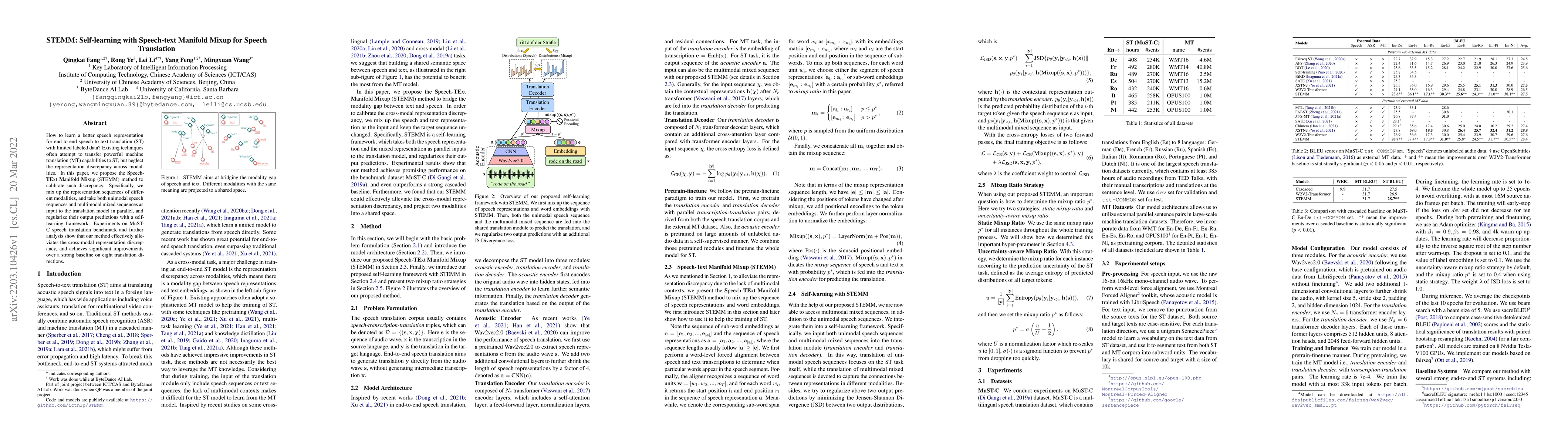 Thumbnail for STEMM: Self-learning with Speech-text Manifold Mixup for Speech
  Translation