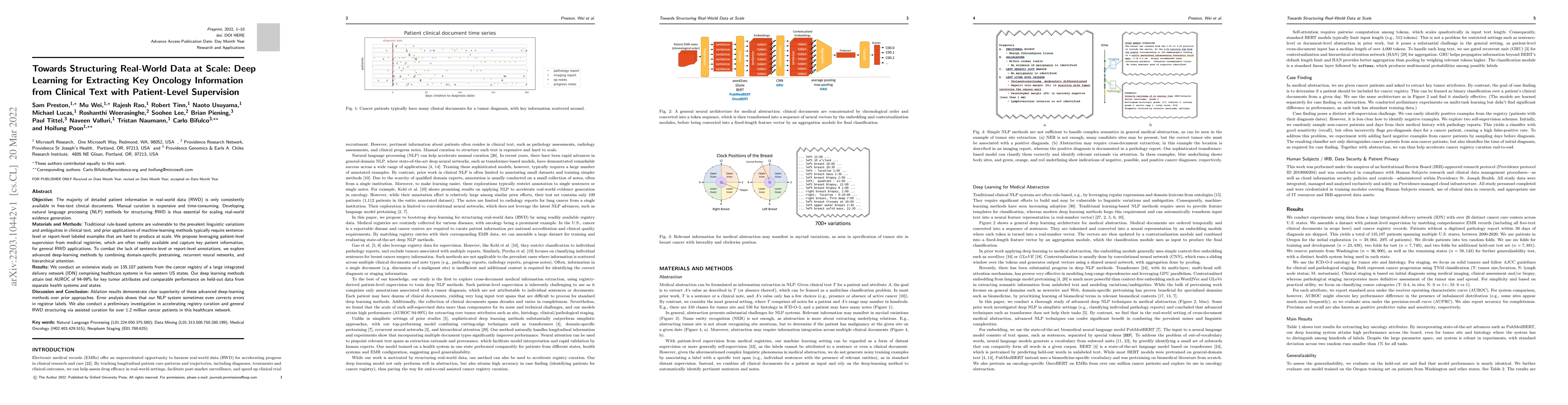 Thumbnail for Towards Structuring Real-World Data at Scale: Deep Learning for
  Extracting Key Oncology Information from Clinical Text with Patient-Level
  Supervision