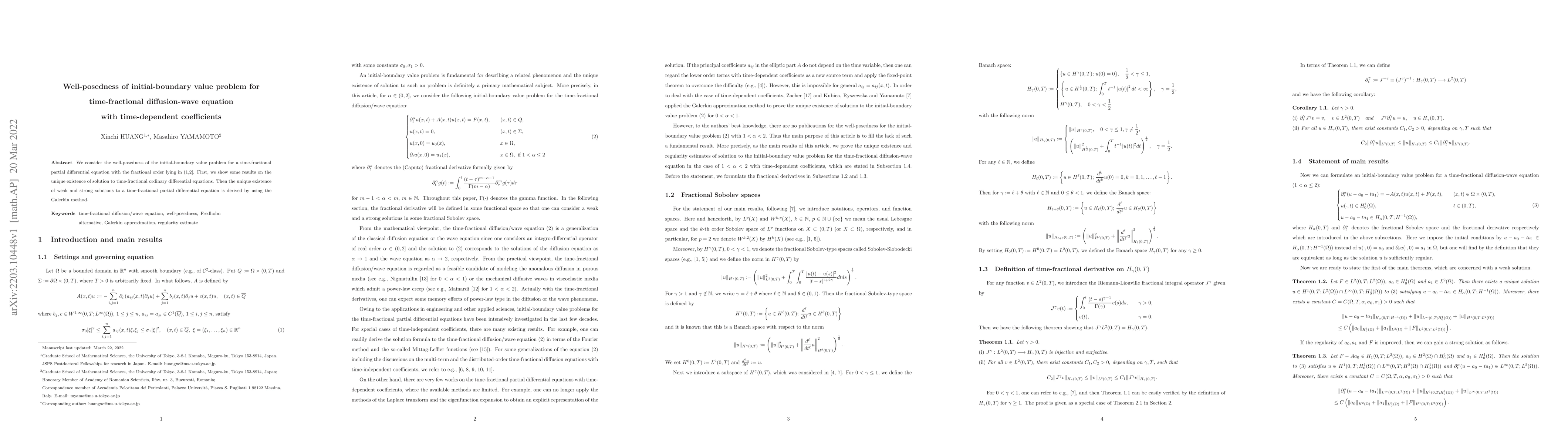 Thumbnail for Well-posedness of initial-boundary value problem for time-fractional
  diffusion-wave equation with time-dependent coefficients