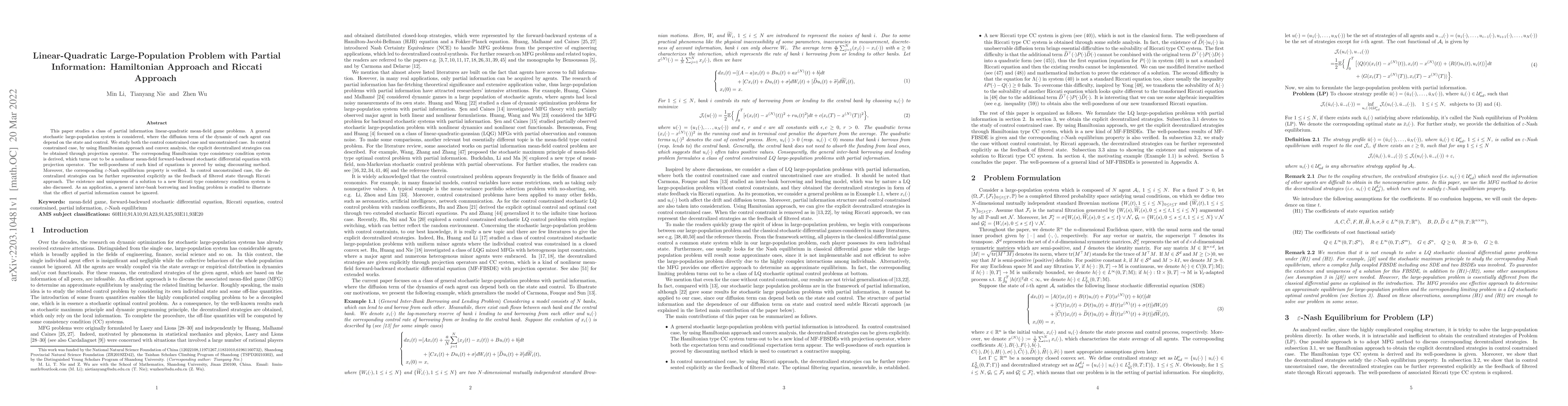 Thumbnail for Linear-Quadratic Large-Population Problem with Partial Information:
  Hamiltonian Approach and Riccati Approach