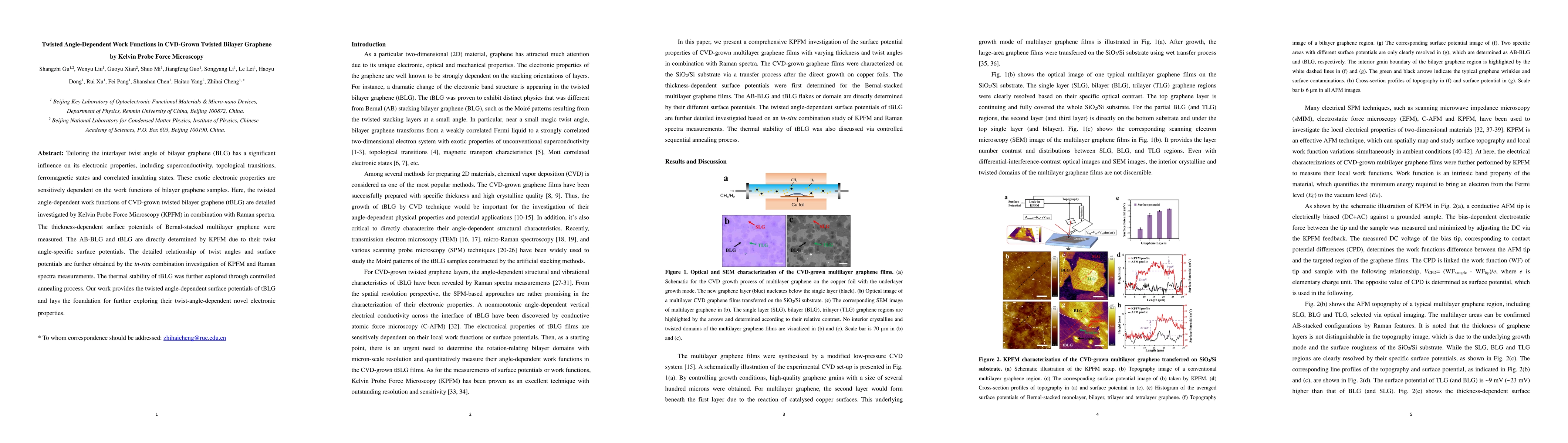 Thumbnail for Twisted Angle-Dependent Work Functions in CVD-Grown Twisted Bilayer
  Graphene by Kelvin Probe Force Microscopy