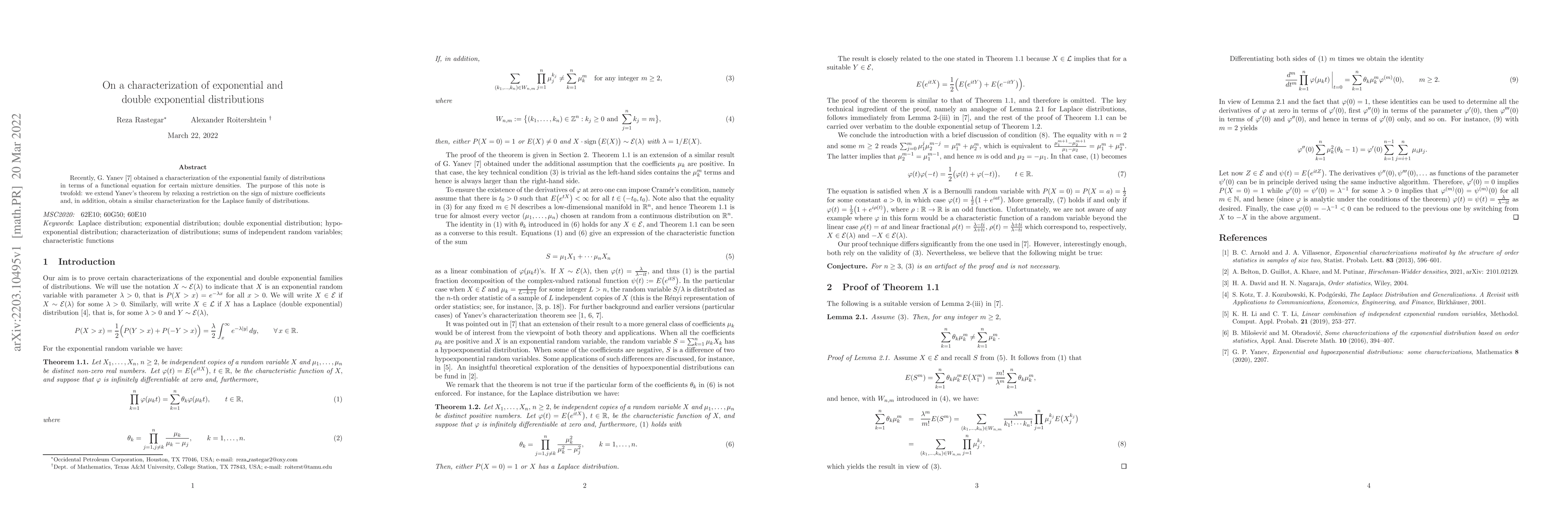 Thumbnail for On a characterization of exponential and double exponential
  distributions