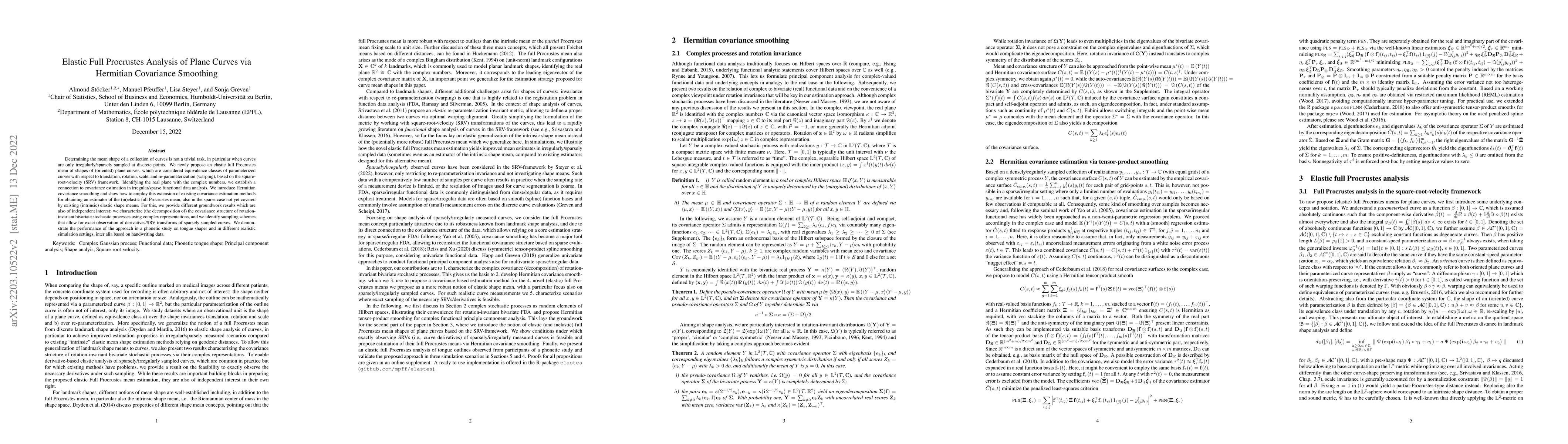 Thumbnail for Elastic Full Procrustes Analysis of Plane Curves via Hermitian
  Covariance Smoothing