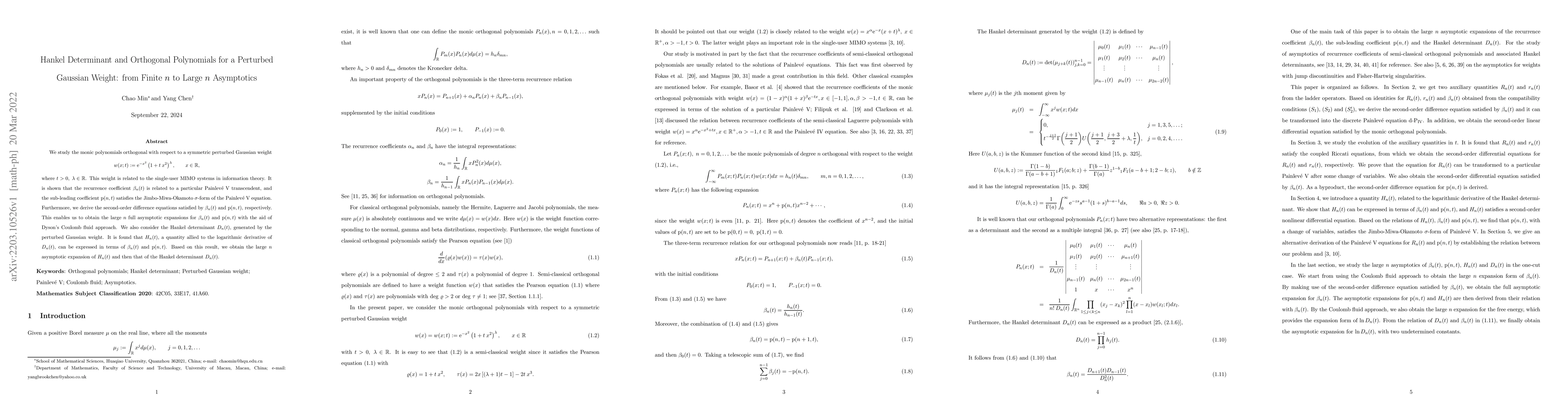 Thumbnail for Hankel Determinant and Orthogonal Polynomials for a Perturbed Gaussian
  Weight: from Finite $n$ to Large $n$ Asymptotics