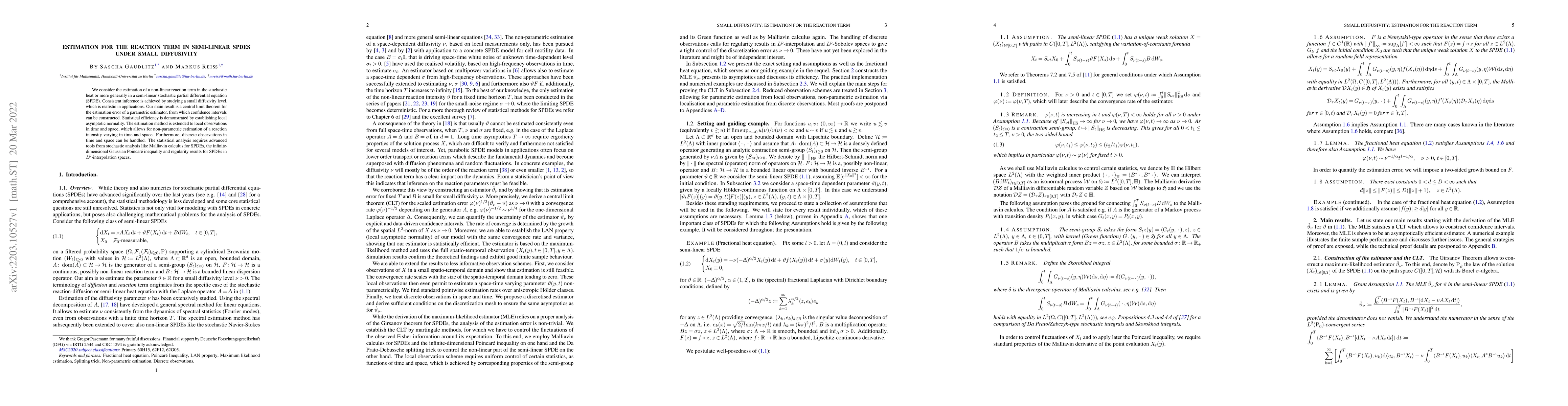 Thumbnail for Estimation for the reaction term in semi-linear SPDEs under small
  diffusivity