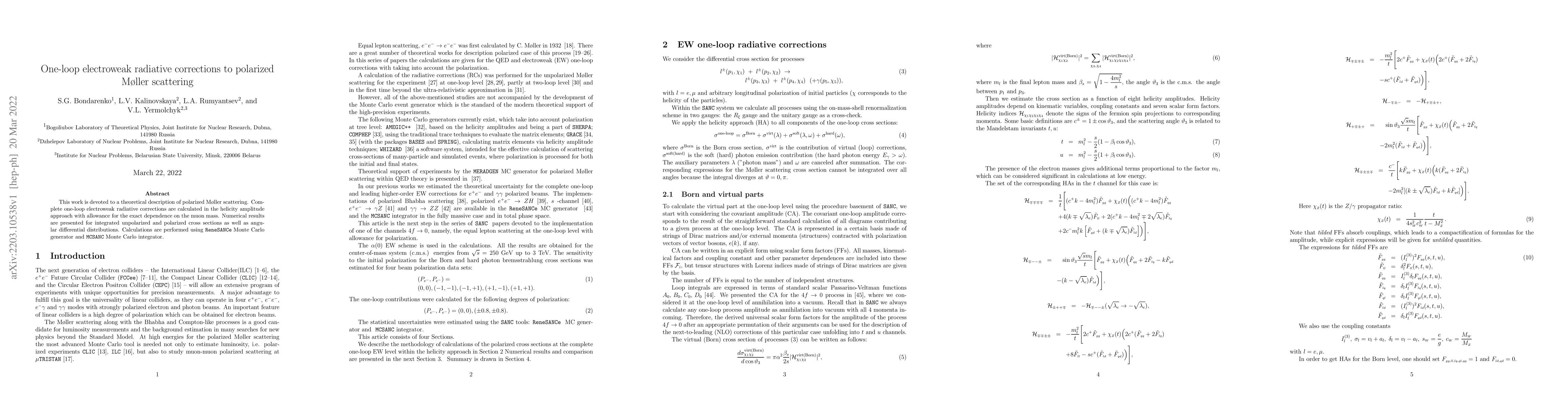 Thumbnail for One-loop electroweak radiative corrections to polarized M{\o}ller
  scattering