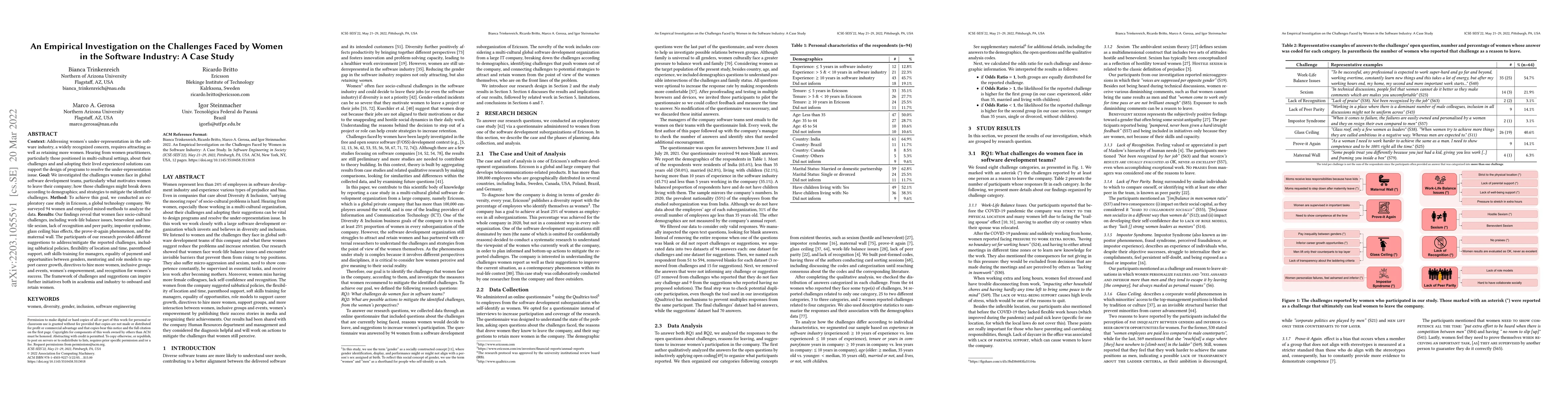 Thumbnail for An Empirical Investigation on the Challenges Faced by Women in the
  Software Industry: A Case Study