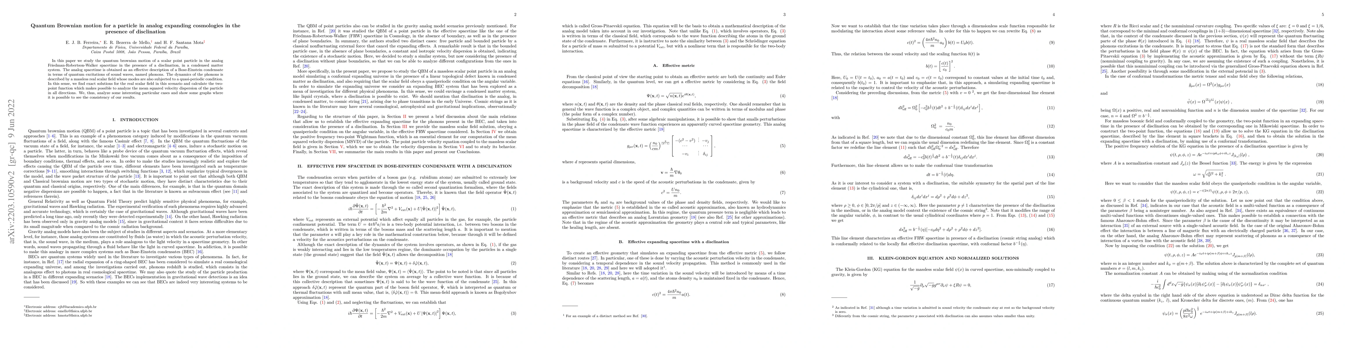 Thumbnail for Quantum Brownian motion for a particle in analog expanding cosmologies
  in the presence of disclination