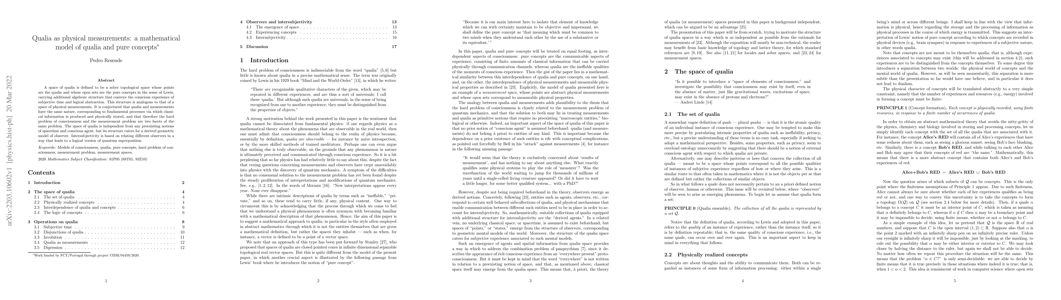 Thumbnail for Qualia as physical measurements: a mathematical model of qualia and pure
  concepts