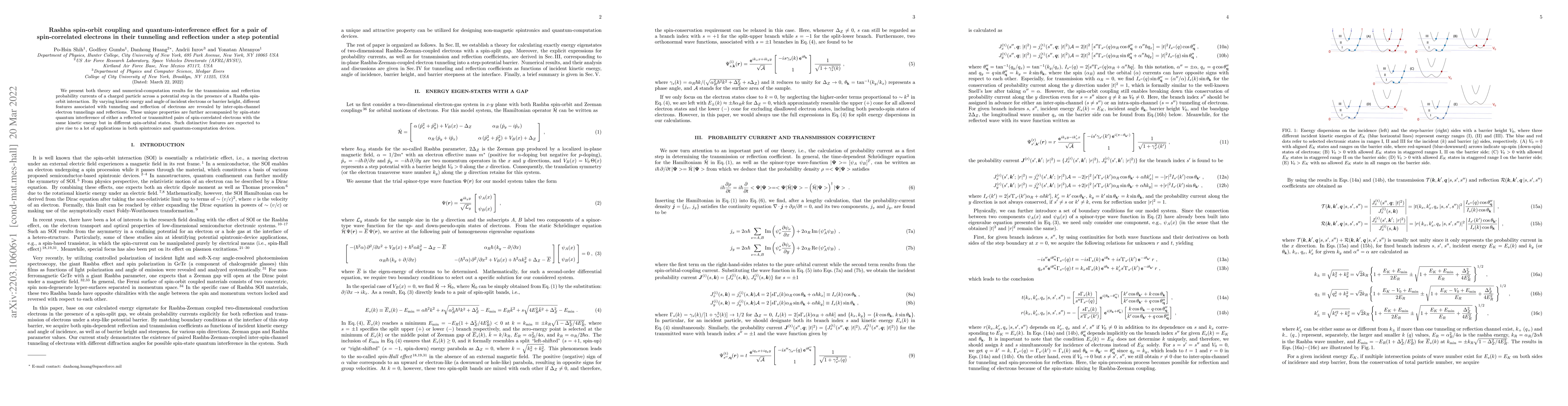 Thumbnail for Rashba spin-orbit coupling and quantum-interference effect for a pair of
  spin-correlated electrons in their tunneling and reflection under a step
  potential