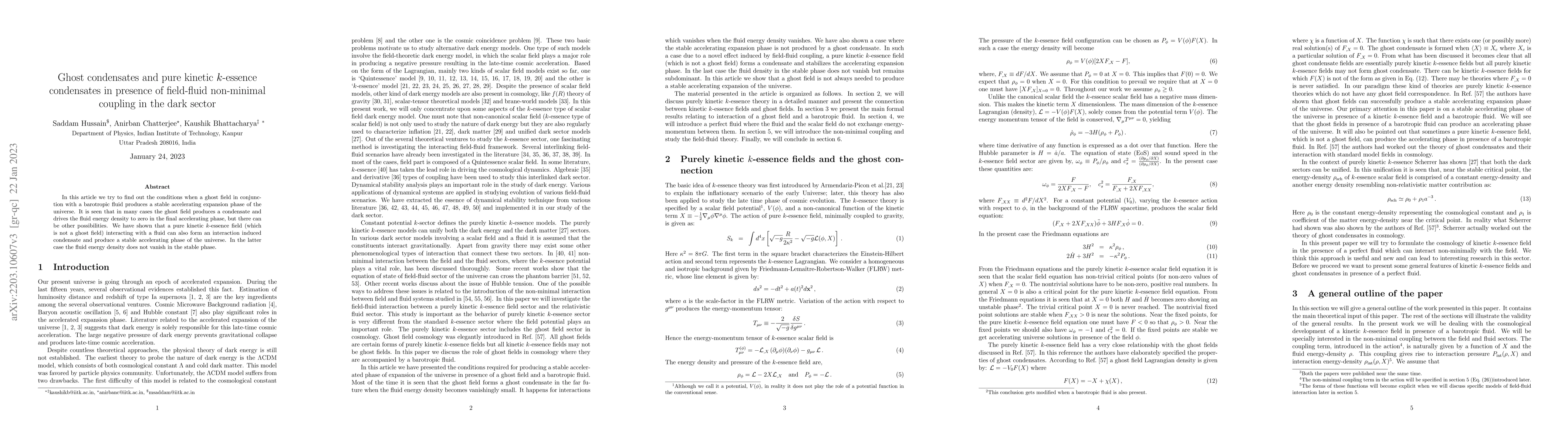 Thumbnail for Ghost condensates and pure kinetic $k$-essence condensates in presence
  of field-fluid non-minimal coupling in the dark sector