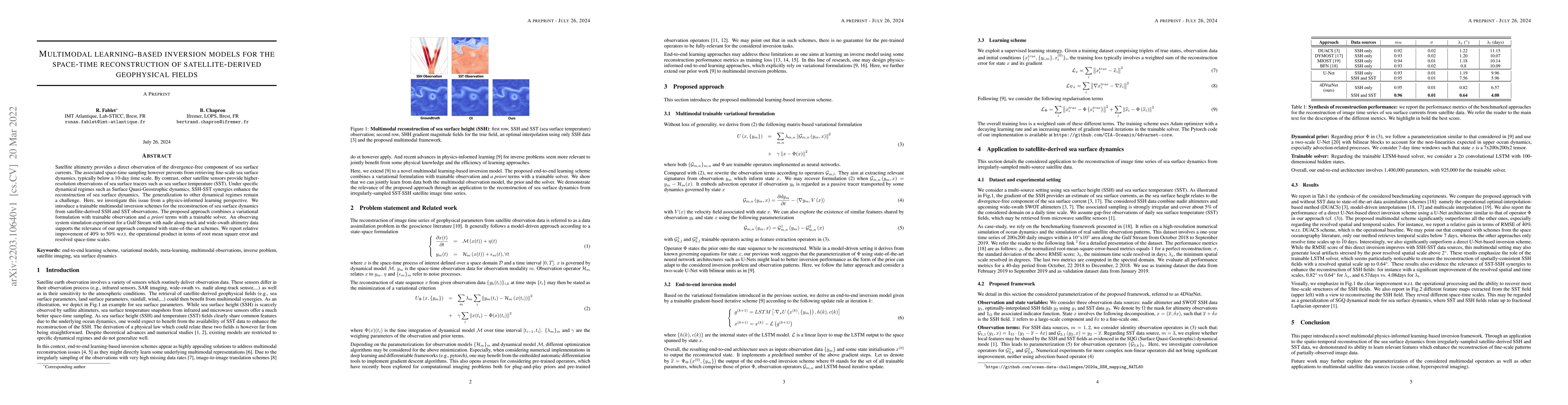 Thumbnail for Multimodal learning-based inversion models for the space-time
  reconstruction of satellite-derived geophysical fields