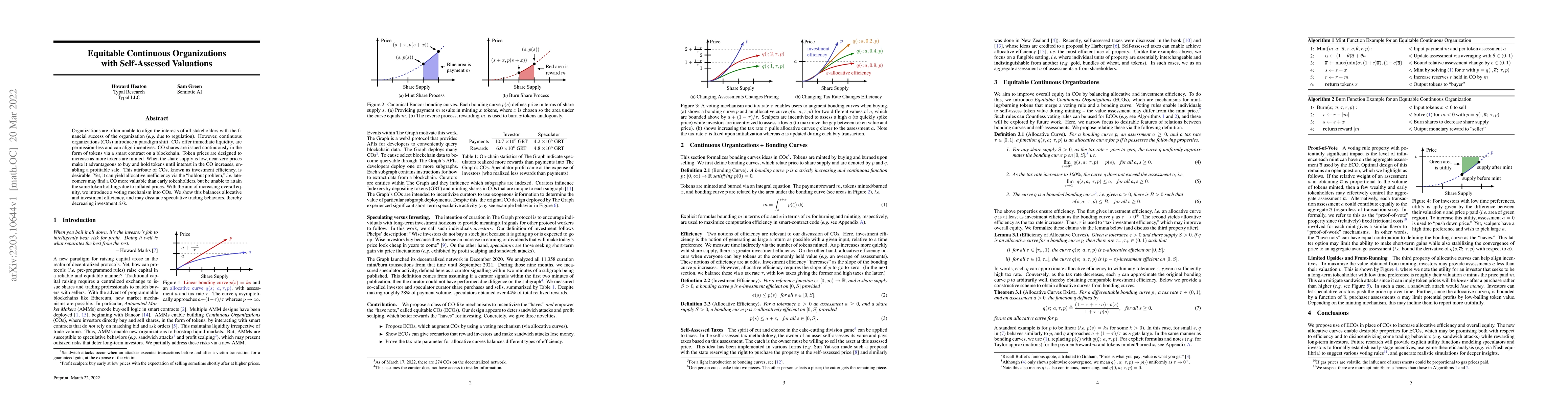 Thumbnail for Equitable Continuous Organizations with Self-Assessed Valuations
