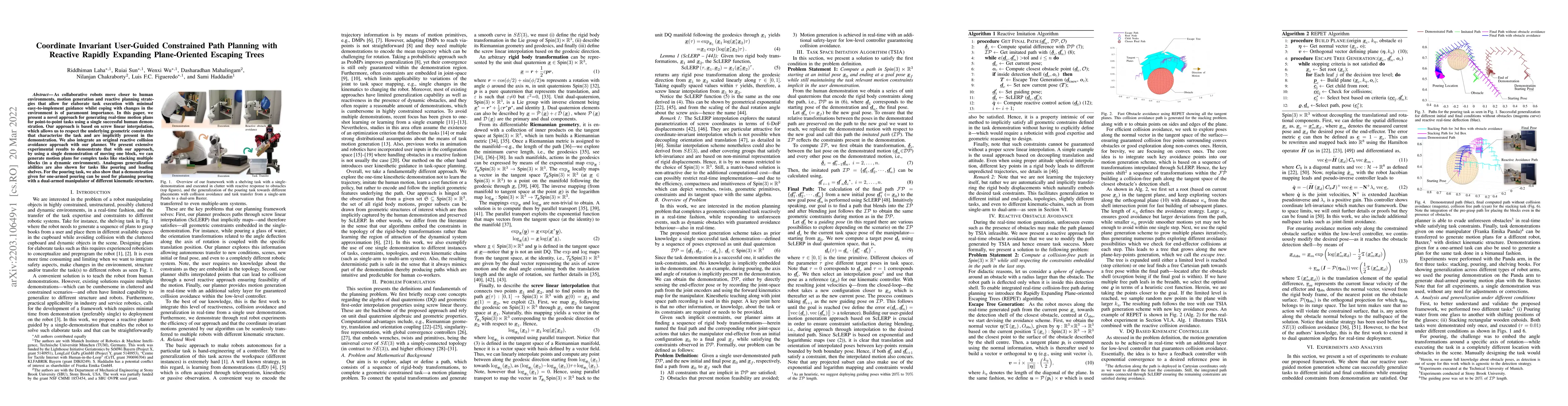 Thumbnail for Coordinate Invariant User-Guided Constrained Path Planning with Reactive
  Rapidly Expanding Plane-Oriented Escaping Trees