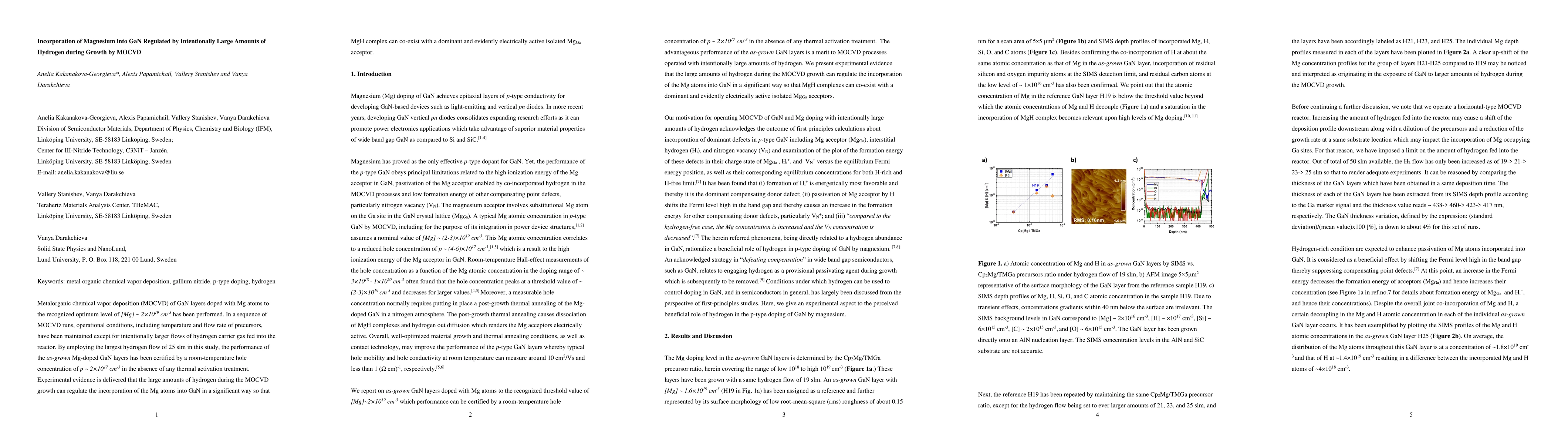 Thumbnail for Incorporation of Magnesium into GaN Regulated by Intentionally Large
  Amounts of Hydrogen during Growth by MOCVD