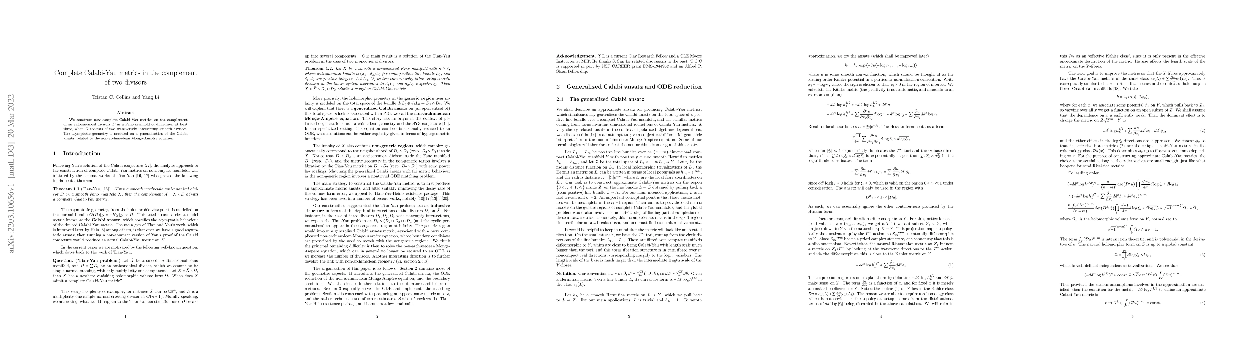 Thumbnail for Complete Calabi-Yau metrics in the complement of two divisors