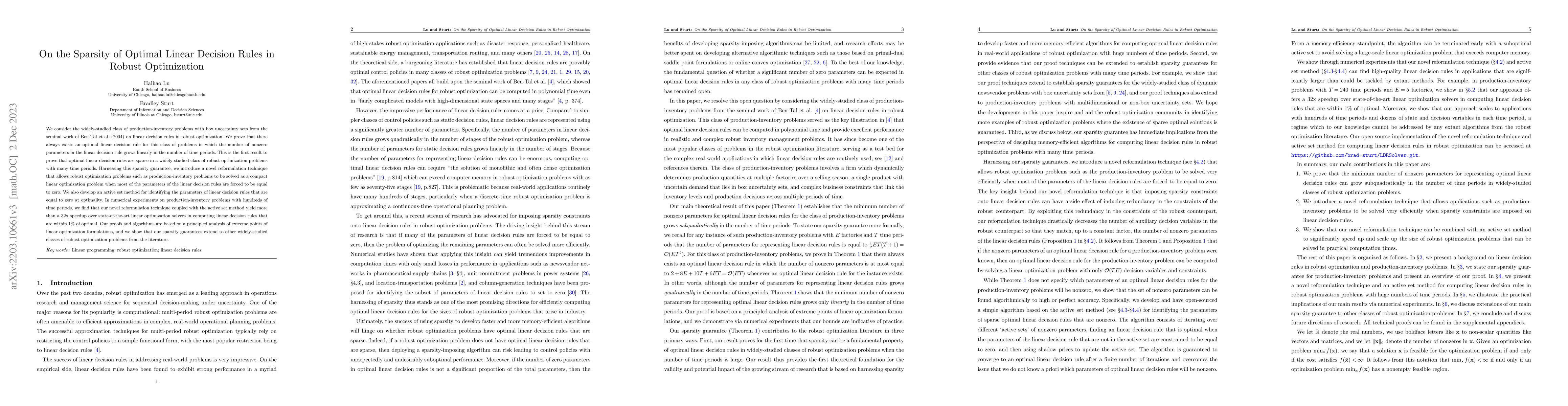 Thumbnail for On the Sparsity of Optimal Linear Decision Rules in Robust Inventory
  Management