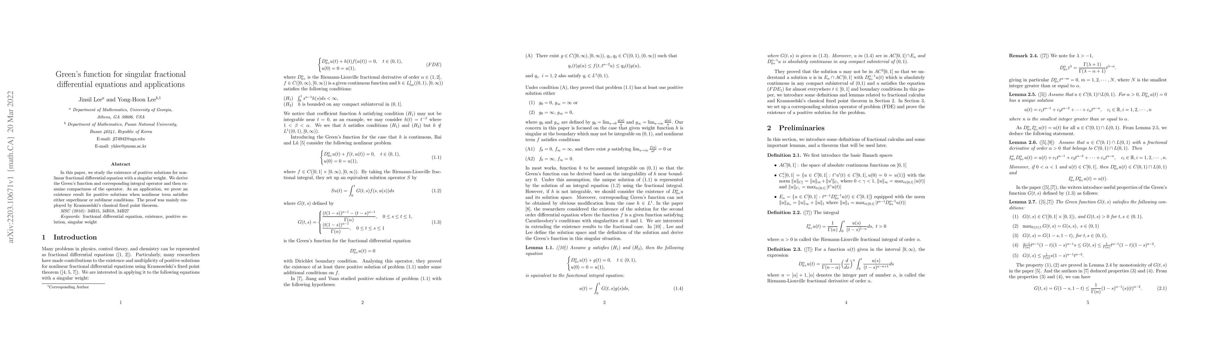 Thumbnail for Green's function for singular fractional differential equations and
  applications