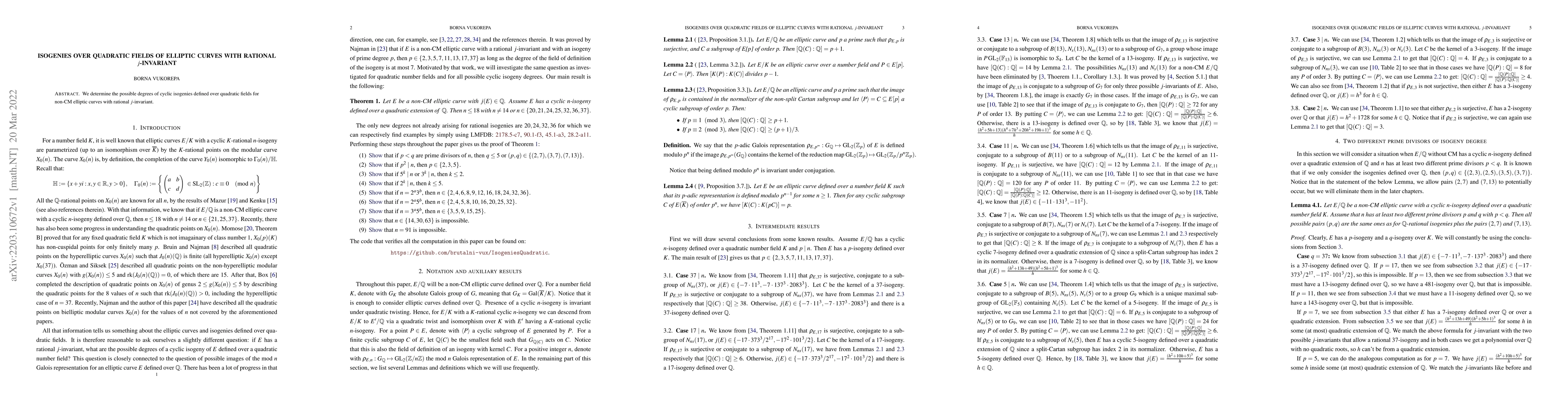 Thumbnail for Isogenies over quadratic fields of elliptic curves with rational
  $j$-invariant