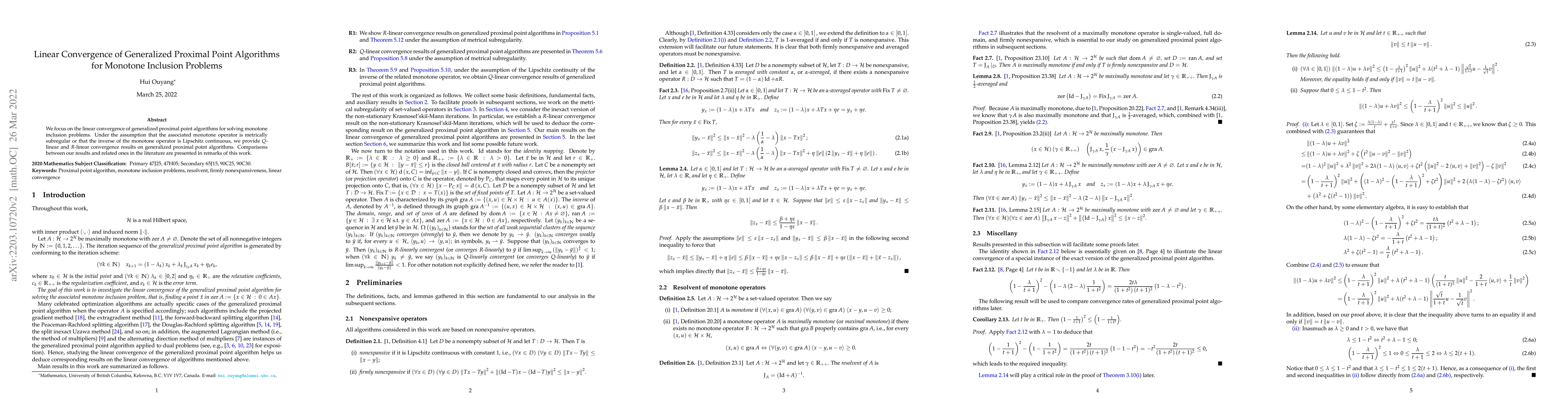 Thumbnail for Linear Convergence of Generalized Proximal Point Algorithms for Monotone
  Inclusion Problems