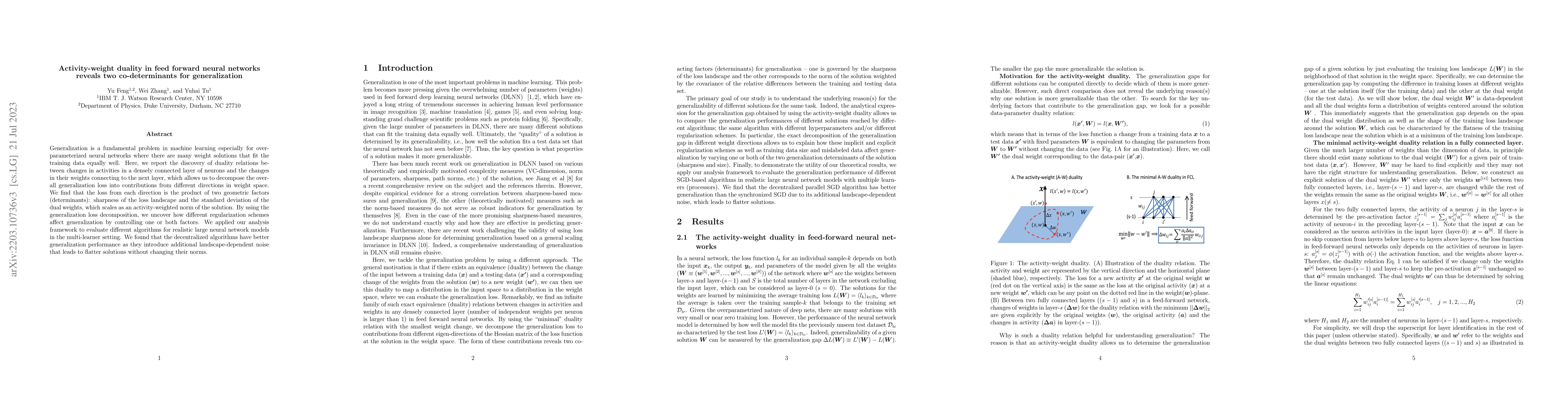 Thumbnail for The activity-weight duality in feed forward neural networks: The
  geometric determinants of generalization