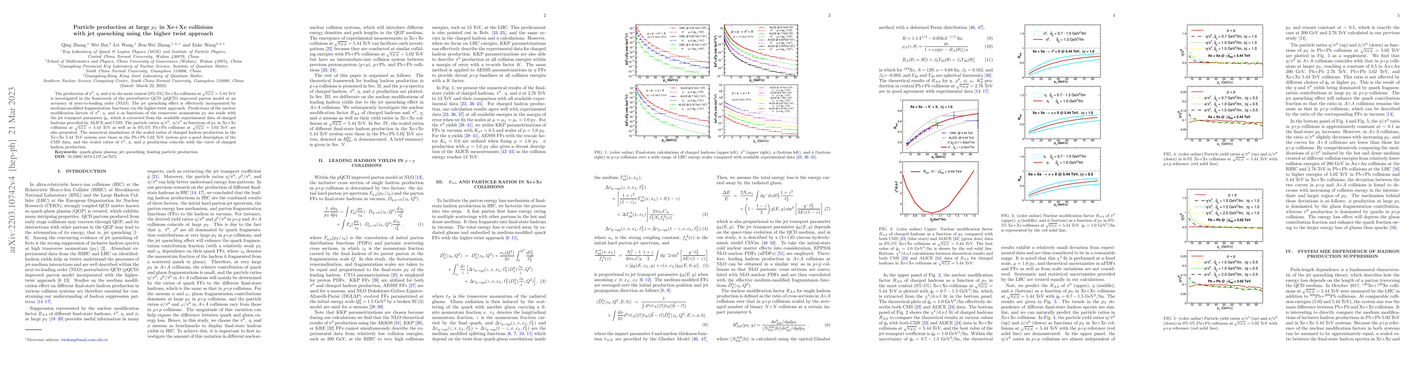 Thumbnail for Particle production at large $p_T$ in Xe+Xe collisions with jet
  quenching using the higher twist approach