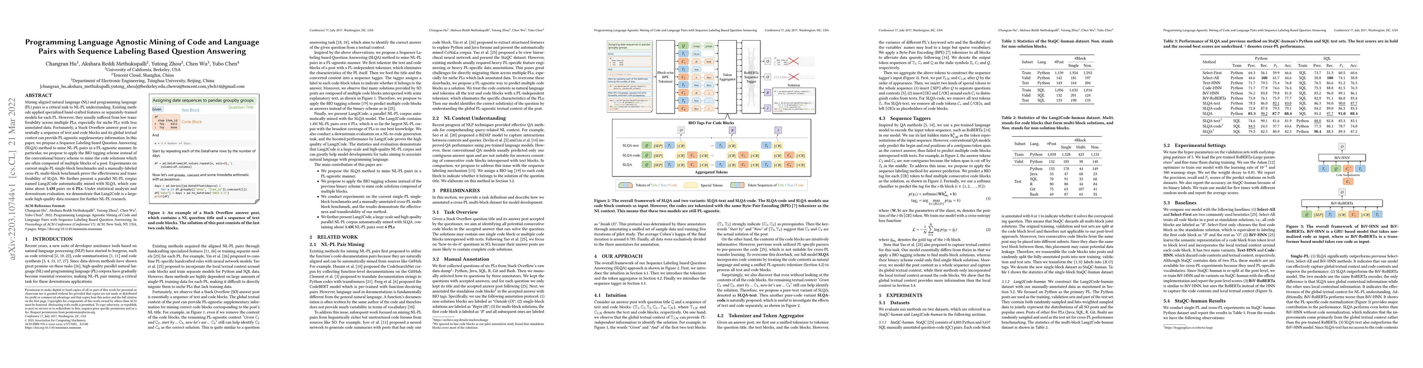 Thumbnail for Programming Language Agnostic Mining of Code and Language Pairs with
  Sequence Labeling Based Question Answering