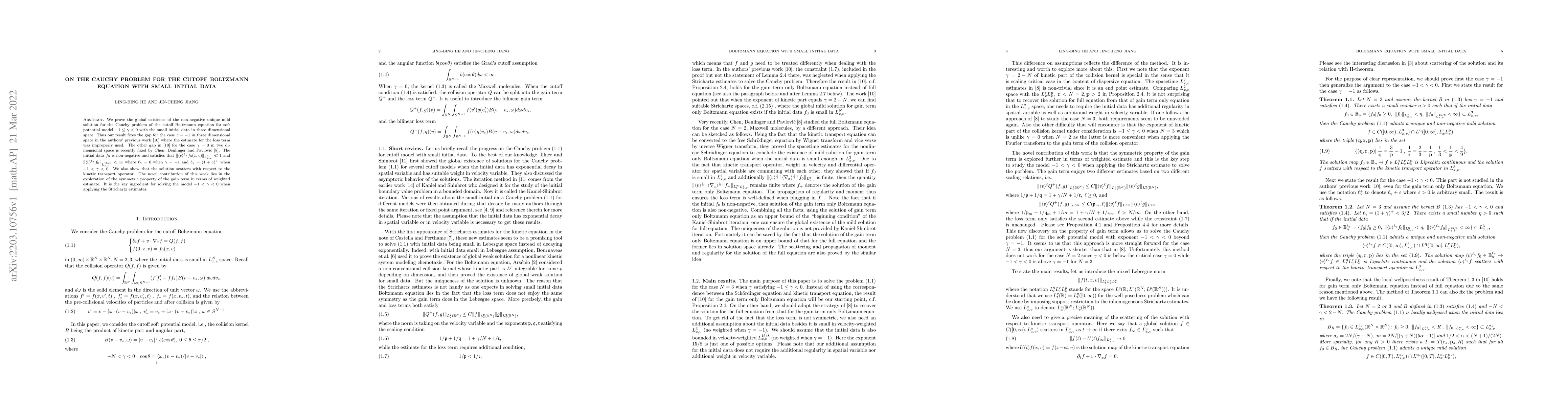 Thumbnail for On the Cauchy problem for the cutoff Boltzmann equation with small
  initial data