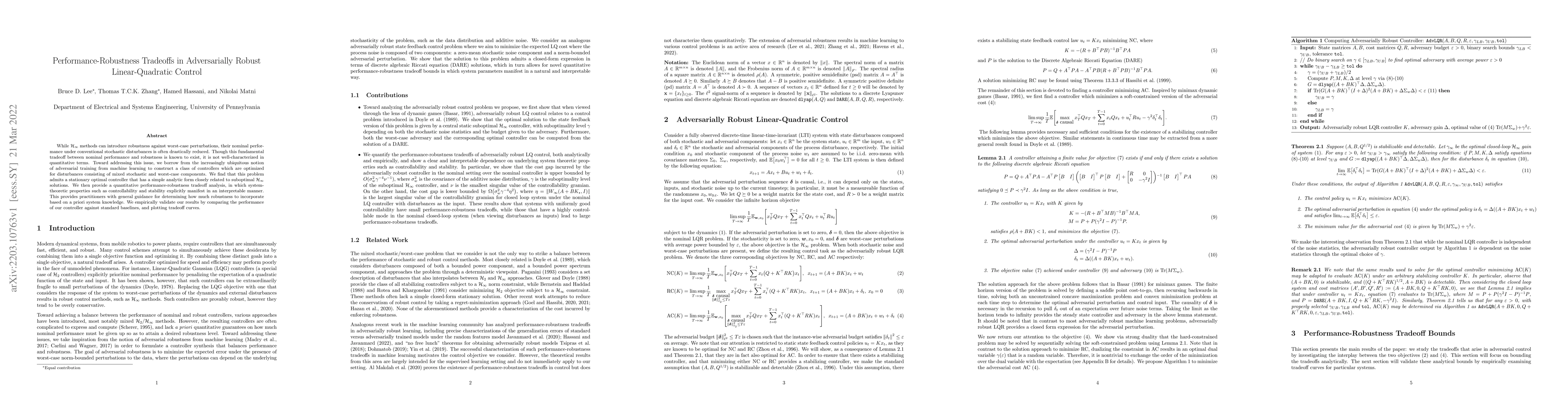 Thumbnail for Performance-Robustness Tradeoffs in Adversarially Robust
  Linear-Quadratic Control