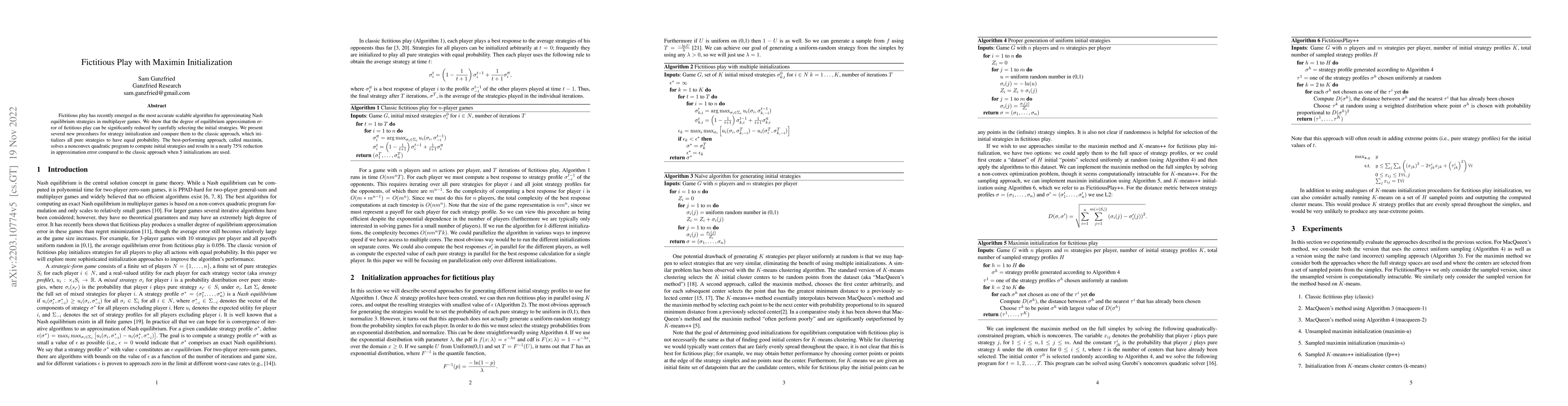 Thumbnail for Fictitious Play with Maximin Initialization
