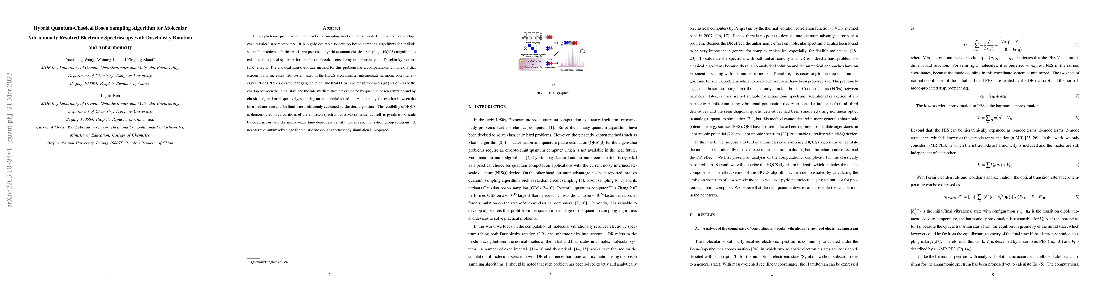 Thumbnail for Hybrid Quantum-Classical Boson Sampling Algorithm for Molecular
  Vibrationally Resolved Electronic Spectroscopy with Duschinsky Rotation and
  Anharmonicity