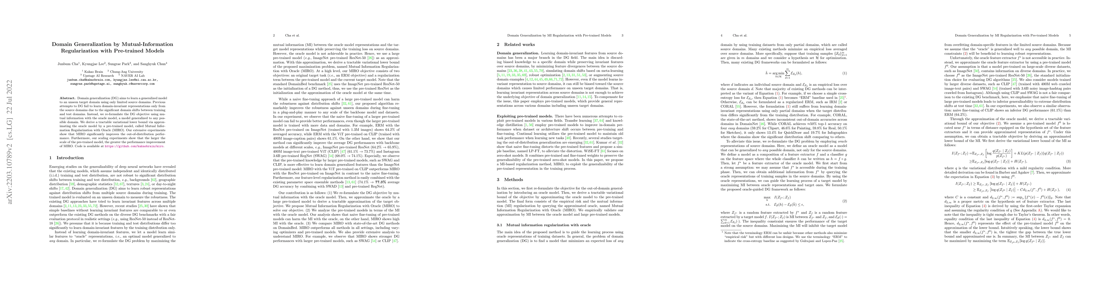 Thumbnail for Domain Generalization by Mutual-Information Regularization with
  Pre-trained Models