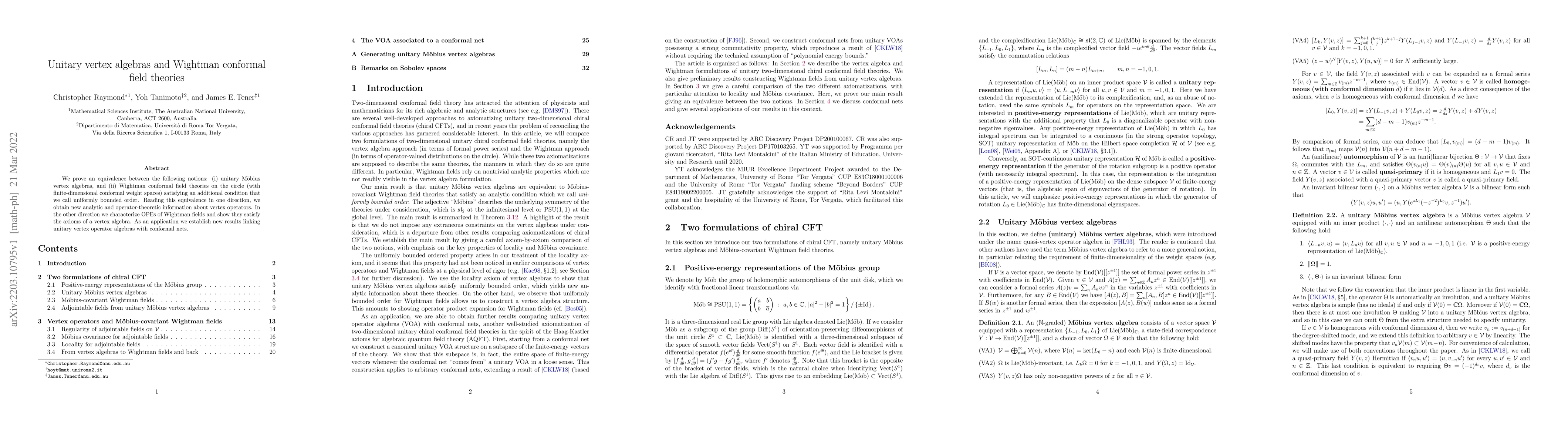 Thumbnail for Unitary vertex algebras and Wightman conformal field theories