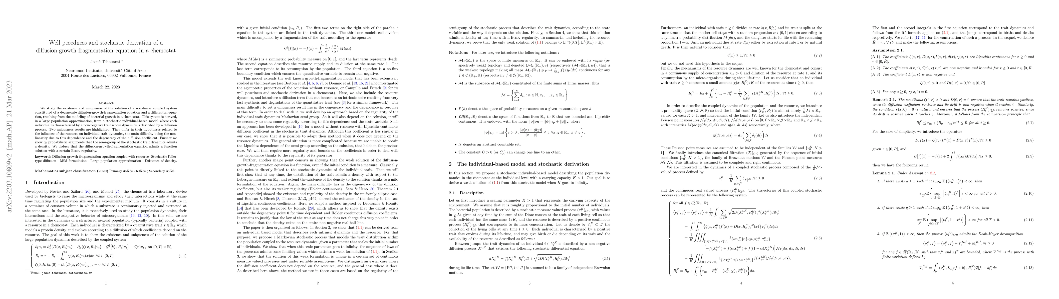 Thumbnail for Well posedness and stochastic derivation of a
  diffusion-growth-fragmentation equation in a chemostat