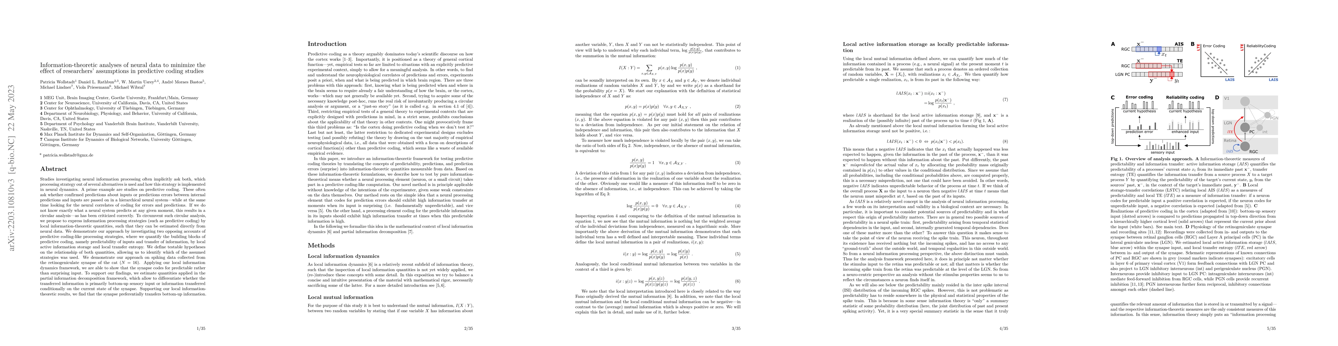 Thumbnail for Information-theoretic analyses of neural data to minimize the effect of
  researchers' assumptions in predictive coding studies