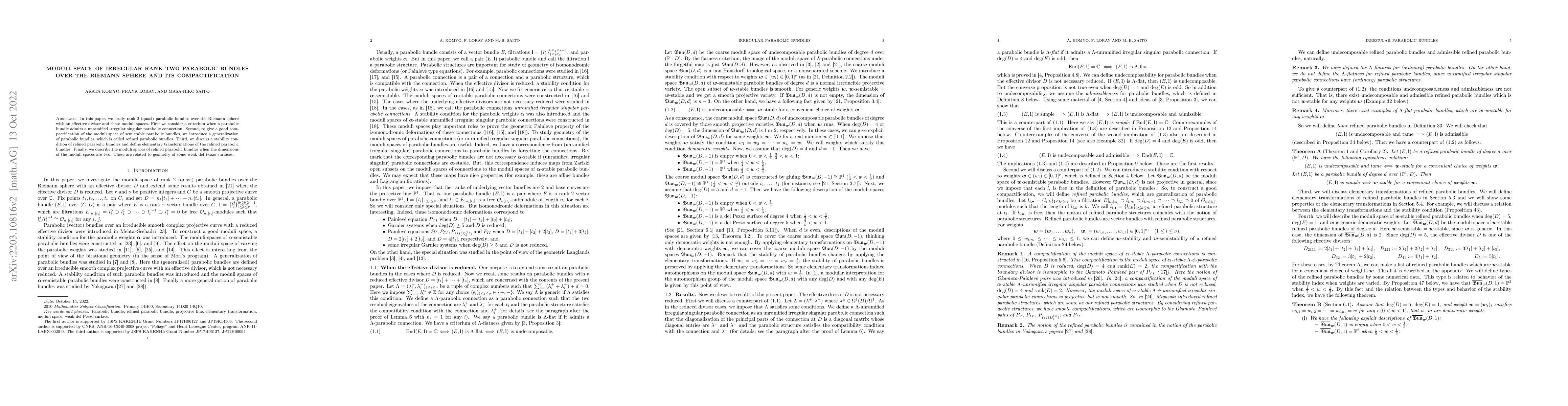 Thumbnail for Moduli space of irregular rank two parabolic bundles over the Riemann
  sphere and its compactification