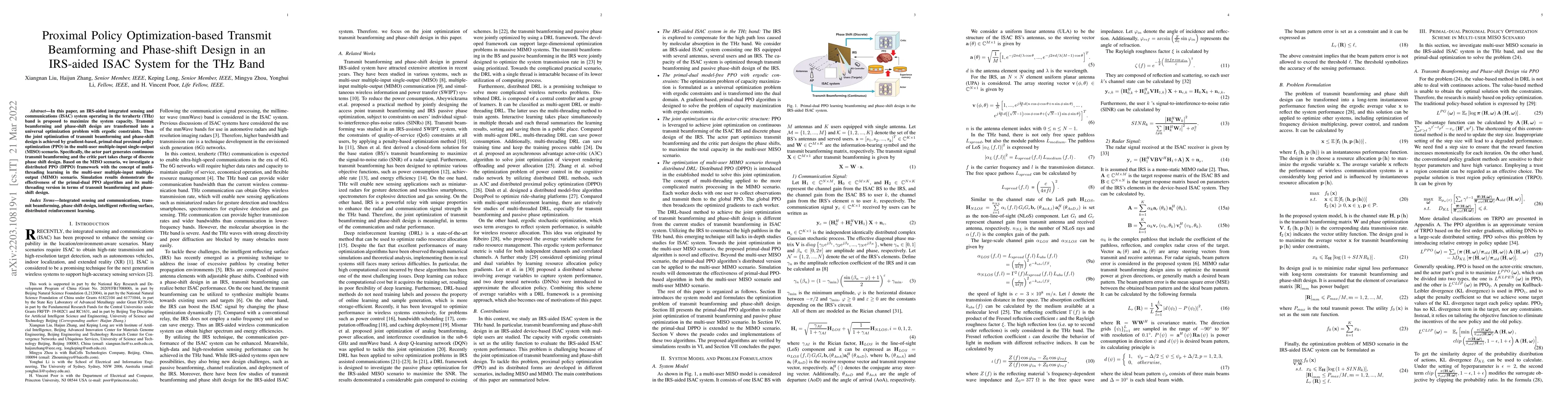 Thumbnail for Proximal Policy Optimization-based Transmit Beamforming and Phase-shift
  Design in an IRS-aided ISAC System for the THz Band