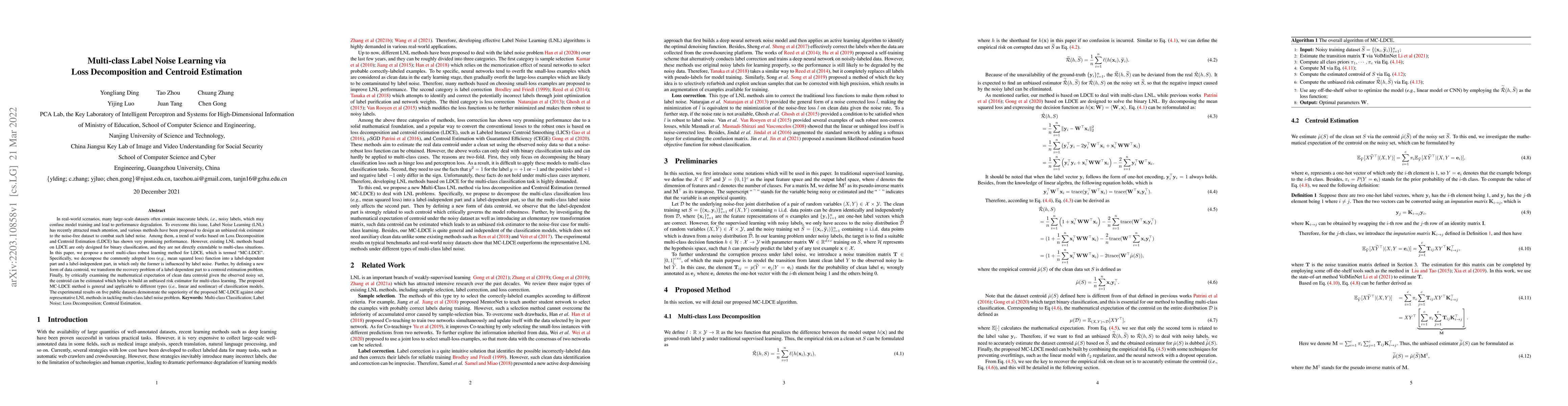 Thumbnail for Multi-class Label Noise Learning via Loss Decomposition and Centroid
  Estimation