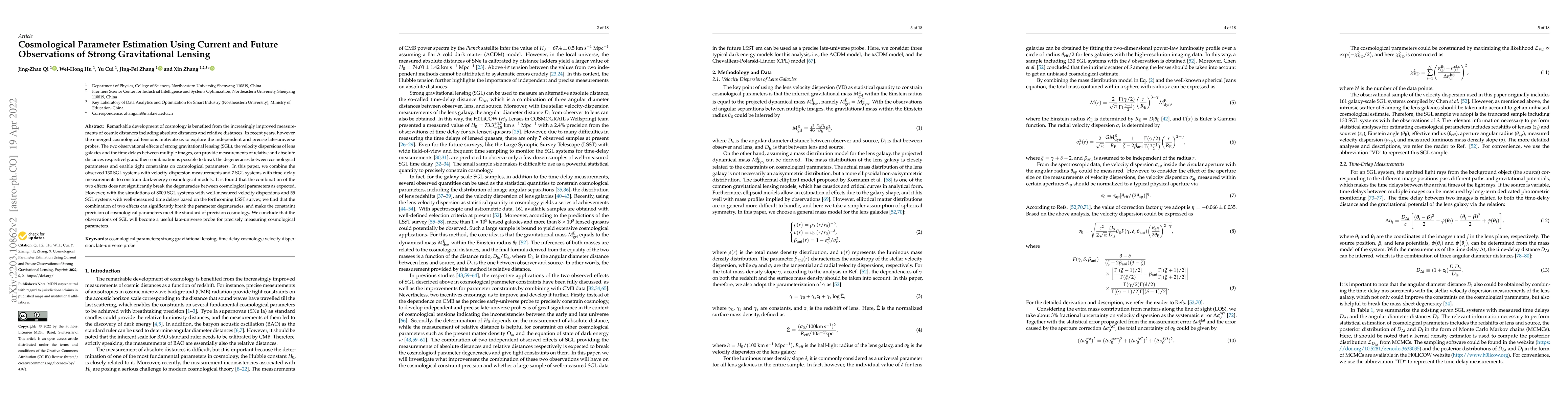 Thumbnail for Cosmological Parameter Estimation Using Current and Future Observations
  of Strong Gravitational Lensing