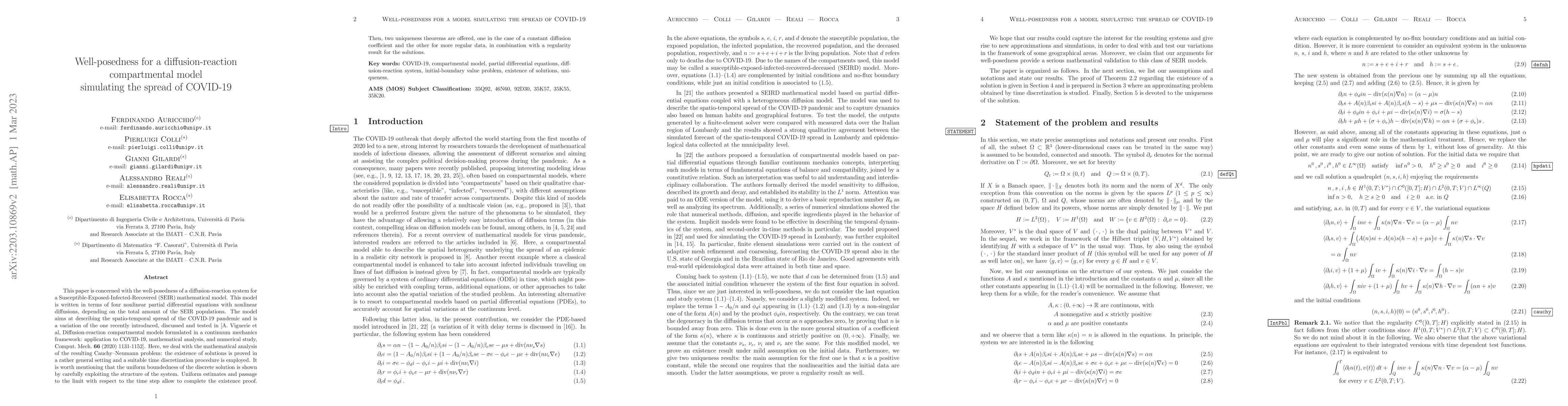 Thumbnail for Well-posedness for a diffusion-reaction compartmental model simulating
  the spread of COVID-19