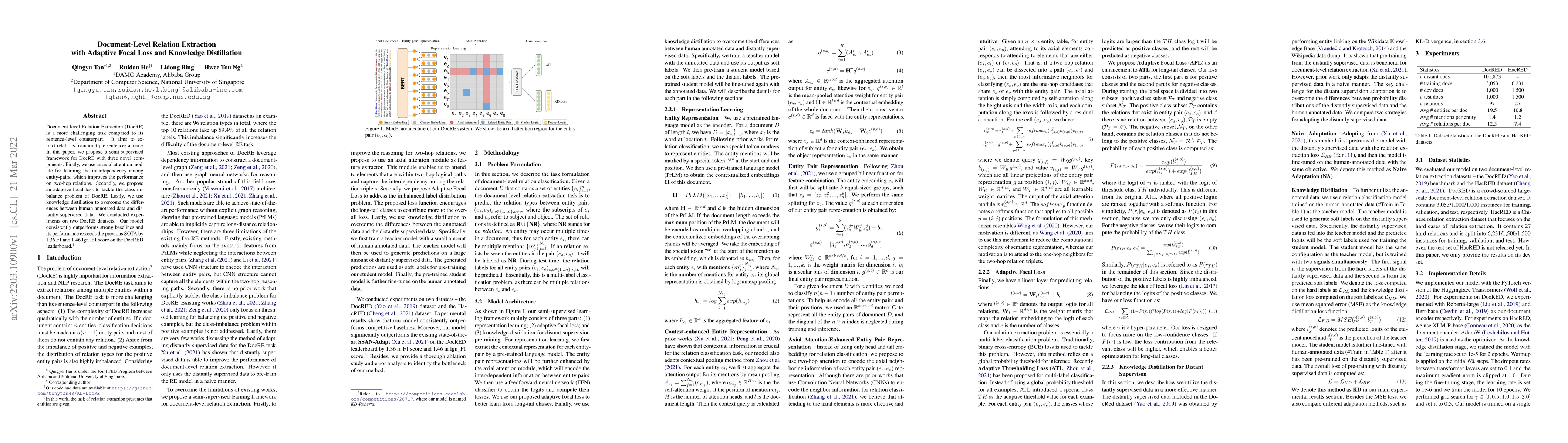 Thumbnail for Document-Level Relation Extraction with Adaptive Focal Loss and
  Knowledge Distillation