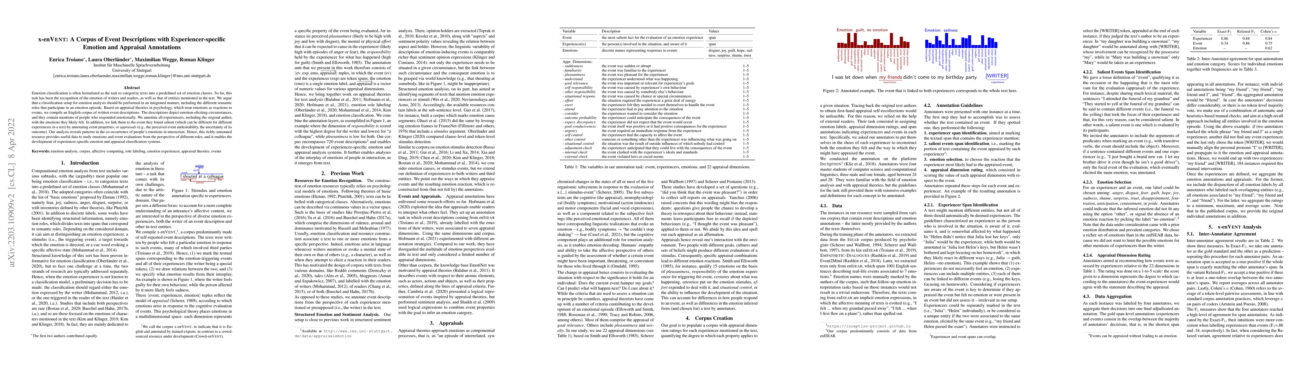 Thumbnail for x-enVENT: A Corpus of Event Descriptions with Experiencer-specific
  Emotion and Appraisal Annotations