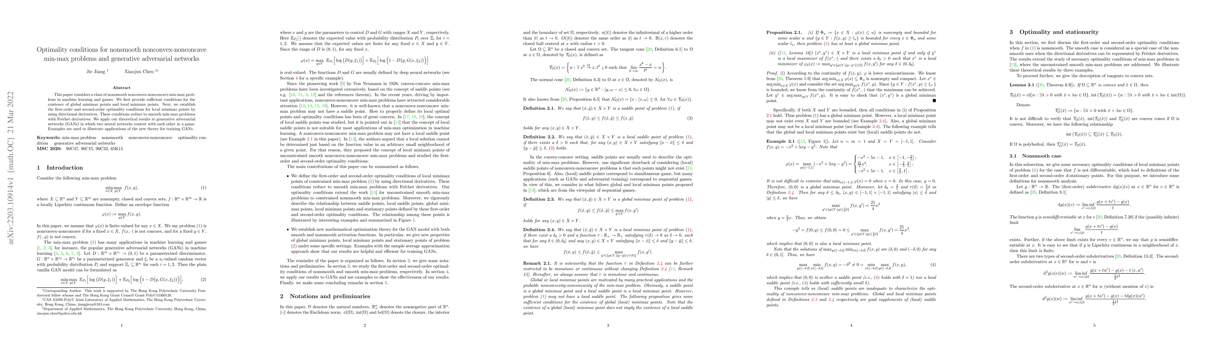 Thumbnail for Optimality conditions for nonsmooth nonconvex-nonconcave min-max
  problems and generative adversarial networks