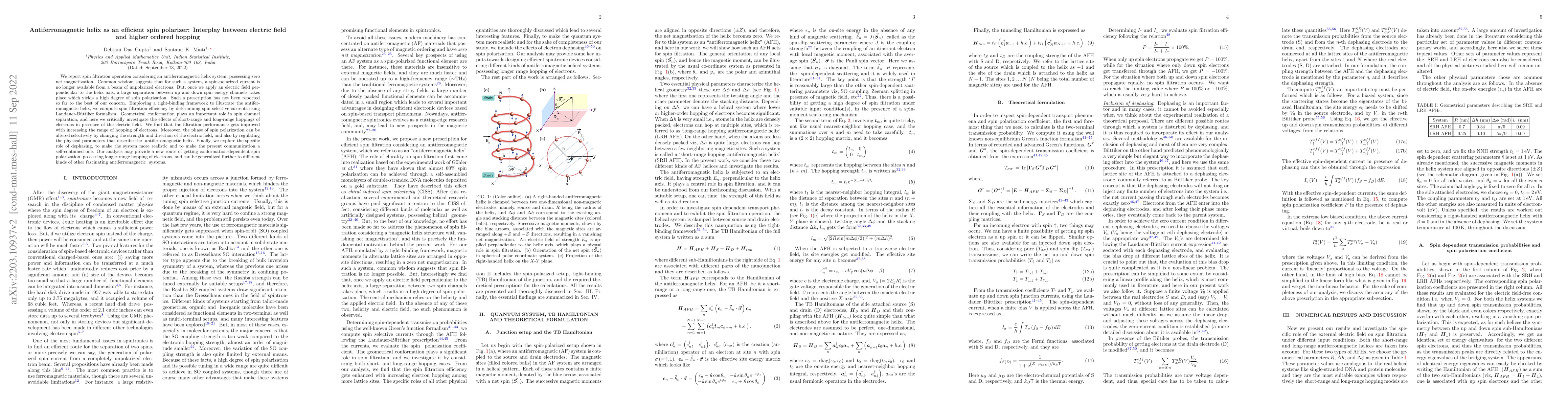 Thumbnail for Antiferromagnetic helix as an efficient spin polarizer: Interplay
  between electric field and higher ordered hopping