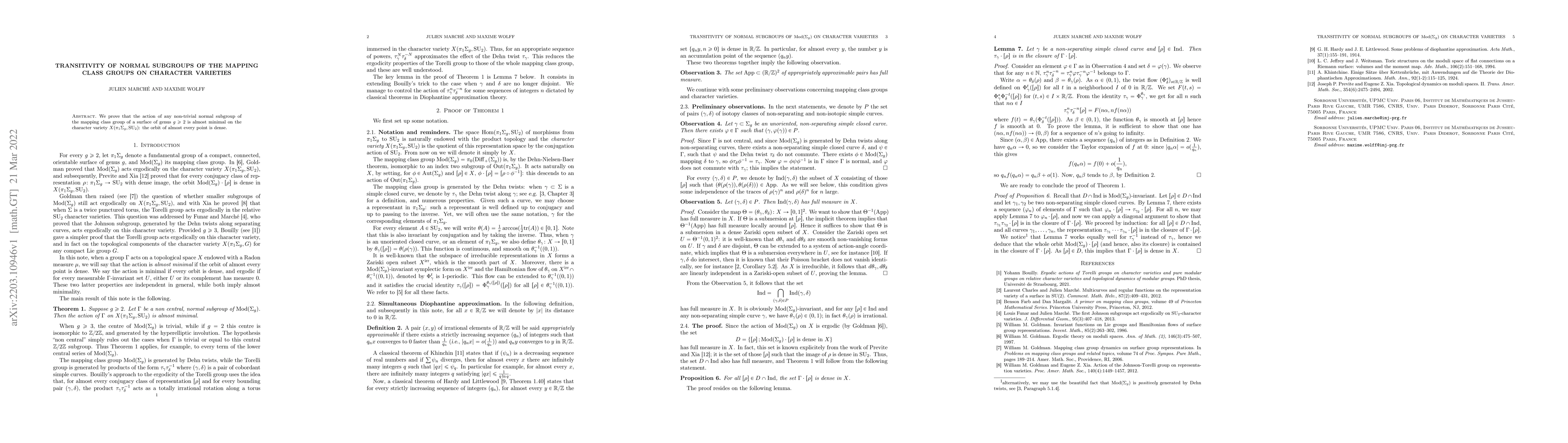 Thumbnail for Transitivity of normal subgroups of the mapping class group on character
  varieties