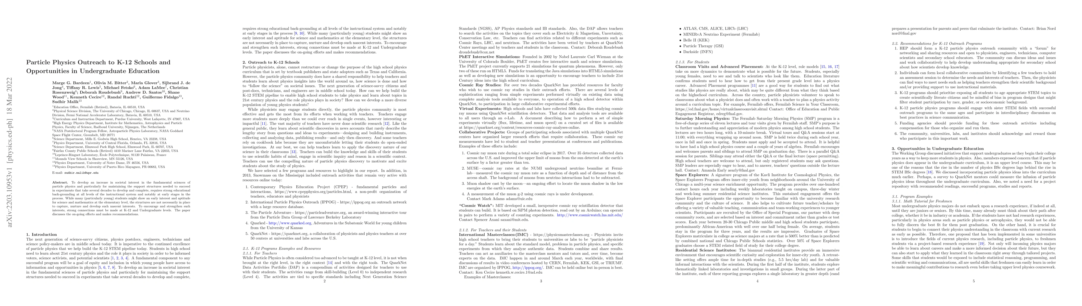 Thumbnail for Particle Physics Outreach to K-12 Schools and Opportunities in
  Undergraduate Education