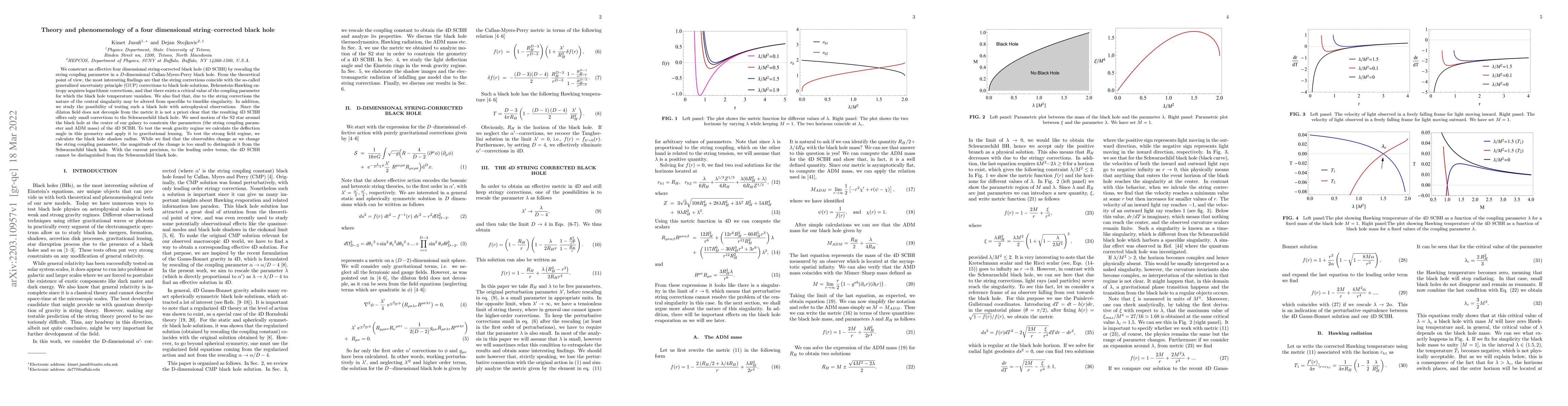 Thumbnail for Theory and phenomenology of a four dimensional string-corrected black
  hole