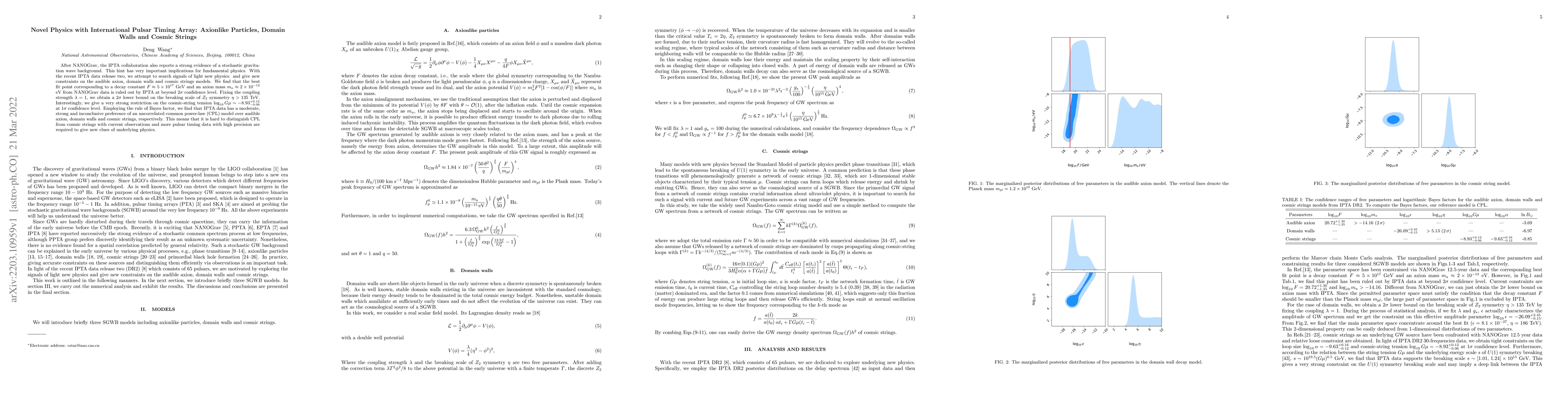 Thumbnail for Novel Physics with International Pulsar Timing Array: Axionlike
  Particles, Domain Walls and Cosmic Strings
